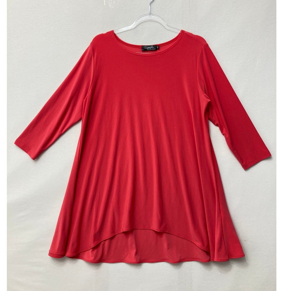 Sympli Tunic Top size 14 Red Coral Relaxed 3/4 Sleeve Stretch Jersey A-Line